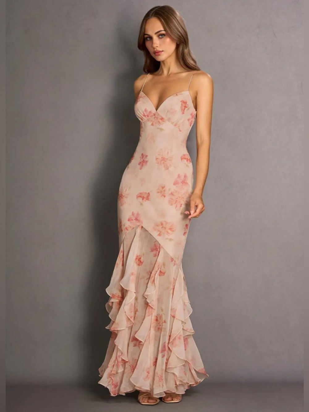 NWT Azazie Rosia Peach Floral Ruffle Maxi Dress